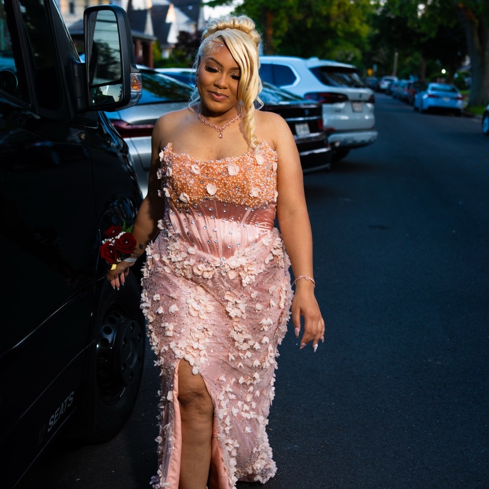 Pink Floral Appliqué Strapless Gown